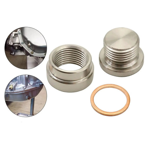 12Mm Steel Transmission Sump Drain Plug Kit With Washer For Oil Pan Weld In M12x1.25 Thread Fits Cars Trucks Motorcycles And More Beefy Heavy Duty Sump Plug With A Tight Seal, showing plug, bung, and washer.