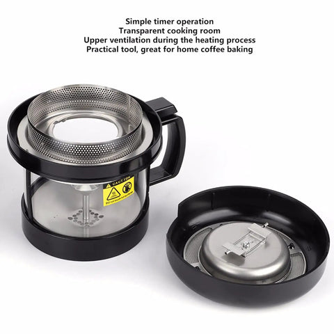 Automatic Hot Air Coffee Bean Roaster With Smart Timing And Integrated Cooling For Home Brews showcasing transparent cooking chamber and timer.