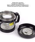 Zero Drama Electric Hot Air Coffee Bean Roaster And Quick Cool Tray With Smart Timer showing transparent cooking chamber and ventilation.