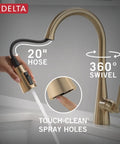 Modern Single Handle Kitchen Sink Faucet With Pull Down Spray Head And Built In Soap Dispenser, Magnetic Self Docking, Brushed Gold Finish, Single Hole Mount, 360° swivel tap with 20" hose and touch-clean spray holes.