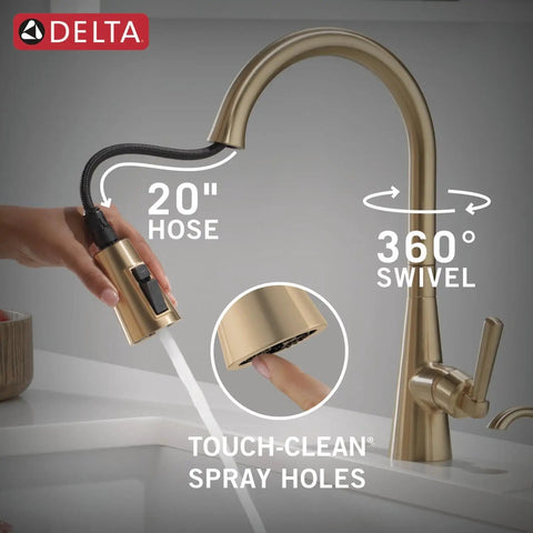 Modern Single Handle Kitchen Sink Faucet With Pull Down Spray Head And Built In Soap Dispenser, Magnetic Self Docking, Brushed Gold Finish, Single Hole Mount, 360° swivel tap with 20" hose and touch-clean spray holes.