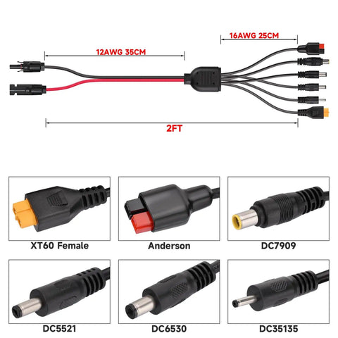 6-In-1 Solar Panel Connector Kit With 12AWG Wire To XT60 Anderson DC7909 DC6530 DC35135 And DC5521 Connectors, 2FT Cable