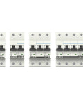 Pro Level 2 Pole 230 Volt C Type Mini Circuit Breaker Featuring Quick Snap Din Rail Mount, four sizes displayed.
