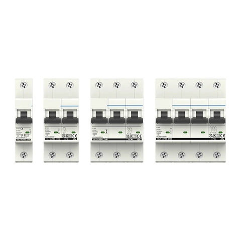 Pro Level 2 Pole 230 Volt C Type Mini Circuit Breaker Featuring Quick Snap Din Rail Mount, four sizes displayed.