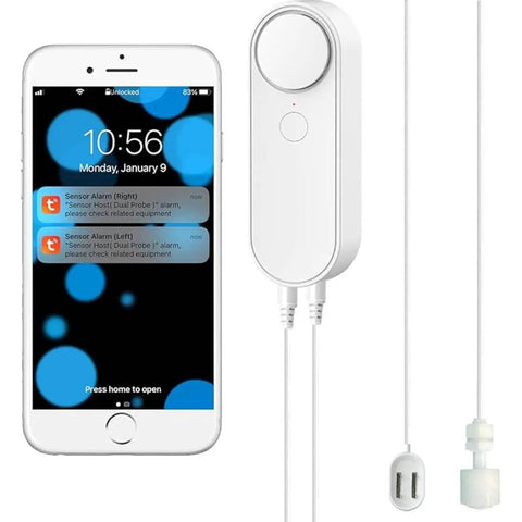 Dual Probe Water Leak Detector With WiFi, 2 In 1 Water Level Alarm, smartphone app notification, and dual detection line