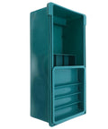 Under Desk Storage Tray With Three Tier Drawers, green plastic desktop organizer in upright position, workshop large capacity view.