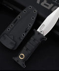 Folding Hunting Knife With D2 Steel Blade And Non Slip G10 Handle next to sheath on black background