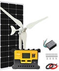 Zero Sweat 200W Hybrid Off Grid Power Rig Featuring 100W Vertical Axis Wind Turbine Combined With Premium Monocrystalline Solar Panel For Smooth 12V Battery Charging Complete With Z Mounts And Full Wiring, showing components like wind turbine, solar panel, and charge controller.