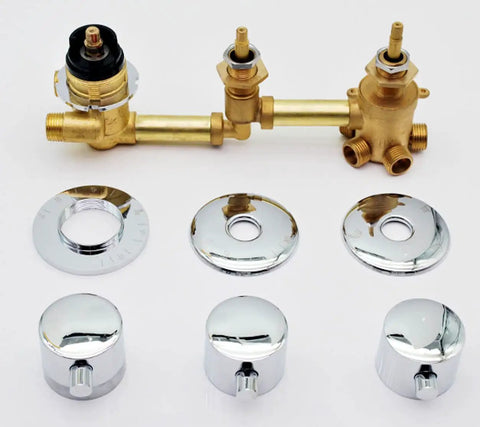 Heavy Duty Four Way Brass Shower Diverter Valve With Tight Multi Port Flow Routing For Quick Bathroom Upgrades And Zero Stress Temperature Tweaks For Rock Solid Daily Performance, showing brass valve and chrome knobs.