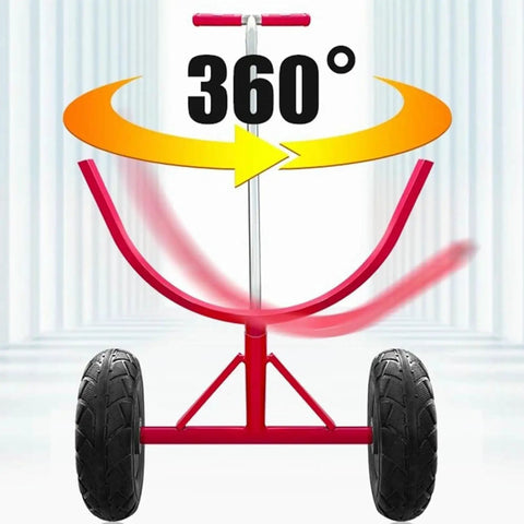Heavy Duty Pipe Dolly Two Piece Roller Cart For Steel And Fire Pipes With 2200 Pound Capacity featuring 360-degree rotating handle, red frame.