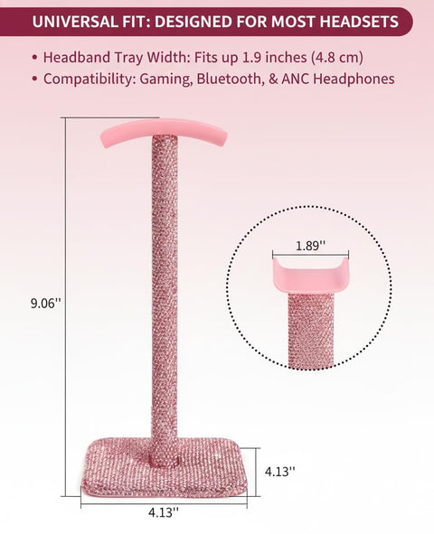 Diagram showing dimensions of the Pink Rhinestone Headphone Stand For Gamer Desk with soft headrest and crystal design.