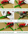 Step-by-step guide for using Hold Tight Heavy Duty Pet Polyester Strapping Roll 5 8 Inch.035 Thick 500 Feet with tools on packaging.