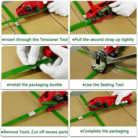 Step-by-step guide for using Hold Tight Heavy Duty Pet Polyester Strapping Roll 5 8 Inch.035 Thick 500 Feet with tools on packaging.