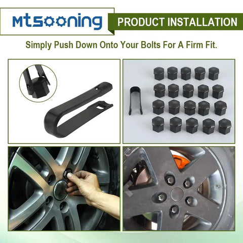 21 Piece Car Wheel Nut Cap Set With 21mm Universal Lug Covers And Remover Clip Black Waterproof Dustproof All Weather Hub Bolt Head Protectors For Auto Tires Durable And Easy To Install, shown with installation on wheels.