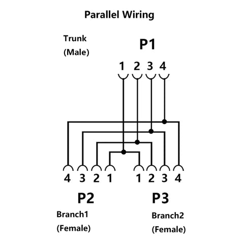 Wiring diagram of 4 Pin A Coded M12 Y Splitter Cable 1 To 2 For Industrial Automation with P1 male, P2 and P3 female connectors.