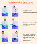 Installation instructions for Smart WiFi Radar Level Sensor for Water and Oil Tanks, demonstrating correct and incorrect placement.