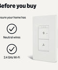 Big Time Game Changer Smart Ceiling Fan Control Switch Alexa Voice Control Four Speed Settings Plug And Play Wifi Enabled No Hub Required Led Indicators White Finish with setup guidelines for neutral wires and Wi-Fi.