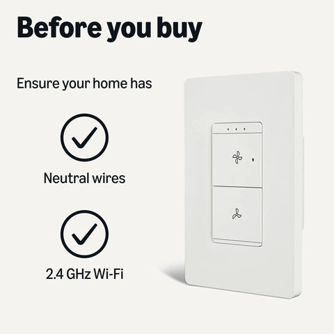 Big Time Game Changer Smart Ceiling Fan Control Switch Alexa Voice Control Four Speed Settings Plug And Play Wifi Enabled No Hub Required Led Indicators White Finish with setup guidelines for neutral wires and Wi-Fi.