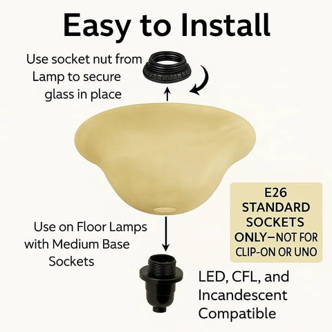 Diagram showing Alabaster Amber Glass Lamp Shade Replacement For Floor Lamps With E26 Medium Base Socket installation