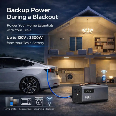 Plug And Play Tesla V2L Power Adapter Pulls A Clean 120 Volt 3500 Watts with electric car powering home appliances.