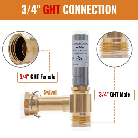Three Quarter Inch Stainless Steel Water Hammer Arrestor Angled Swivel Fitting With GHT Male To Female Built To Last