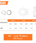 M3 stainless steel split lock washers, 300 pieces, silver; front view with dimension diagram