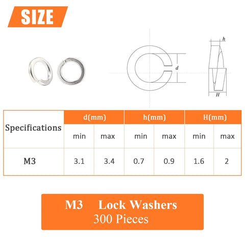 M3 stainless steel split lock washers, 300 pieces, silver; front view with dimension diagram