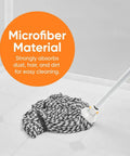No Fuss Grey String Microfiber Mop Replacement Head Snap Tight Fit For Self Wringing Handle shows microfiber material absorbing dirt.
