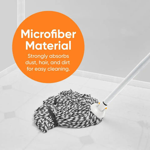 No Fuss Grey String Microfiber Mop Replacement Head Snap Tight Fit For Self Wringing Handle shows microfiber material absorbing dirt.
