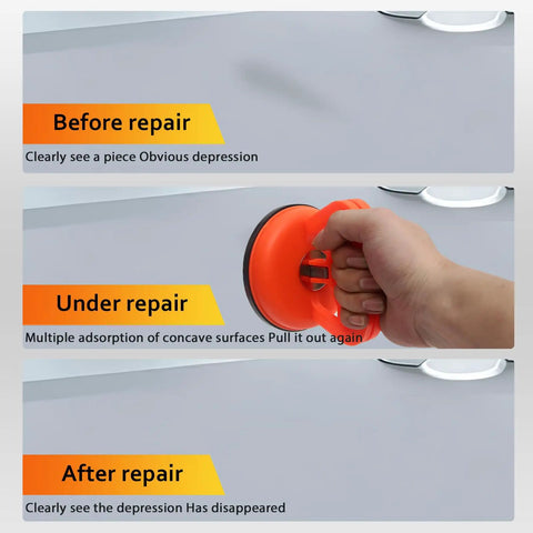 Orange Suction Cup Dent Puller Kit For Car Body Repair With Dent Remover Tool And Two Small Dent Repair Tools Includes Microfiber Wash Mitt For Hail Damage And Easy Auto Body Dent Fix on car panel