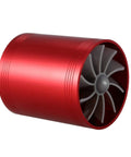 Double Turbine Car Intake Fan For Boosted Airflow And Fuel Savings, red metal turbo style air intake enhancer, side view