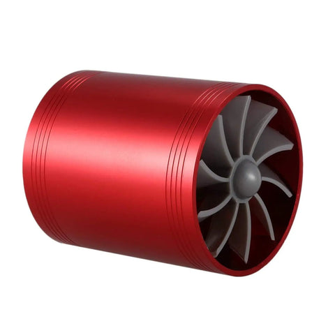 Double Turbine Car Intake Fan For Boosted Airflow And Fuel Savings, red metal turbo style air intake enhancer, side view