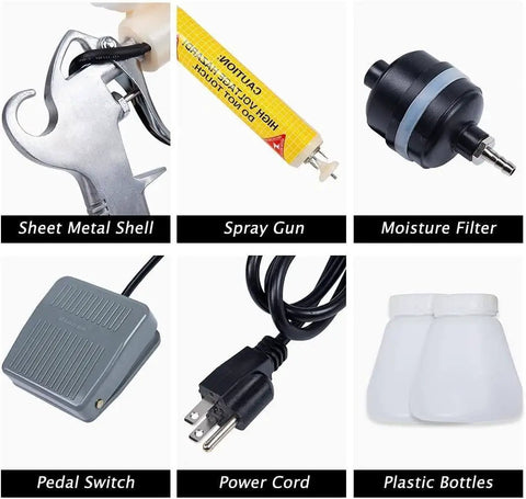 Parts of the Heavy Duty Electrostatic Powder Coating Gun With Foot Control and Double Powder Cups, including spray gun and pedal switch.