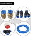 Rock Solid PU Pneumatic Air Hose Kit 6mm OD 4mm ID 10m Length With Connector Elbows Joints For Air Tools Machining Yard Work No Crease Flow Design For Easy Install Works Like A Charm Any Time At Your Shop Or Garage Anywhere. blue PU hose with brass and push-fit fittings