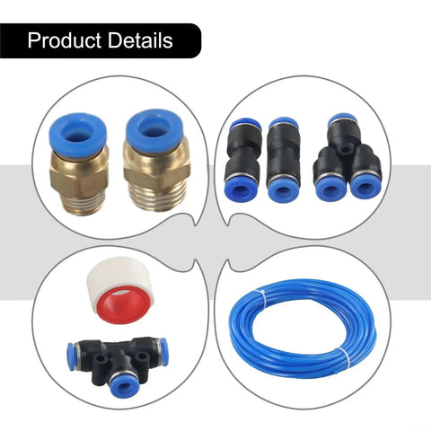 Rock Solid PU Pneumatic Air Hose Kit 6mm OD 4mm ID 10m Length With Connector Elbows Joints For Air Tools Machining Yard Work No Crease Flow Design For Easy Install Works Like A Charm Any Time At Your Shop Or Garage Anywhere. blue PU hose with brass and push-fit fittings