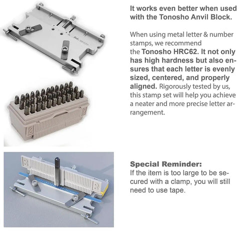 36 Piece Alphabet And Number Stamp Set With Built In Alignment Tools For Precise Imprinting On Metal Plastic And Wood One Eighth Inch 3mm Punch Hardened To HRC 62 With Durable Storage Box Made In USA with alignment and clamps
