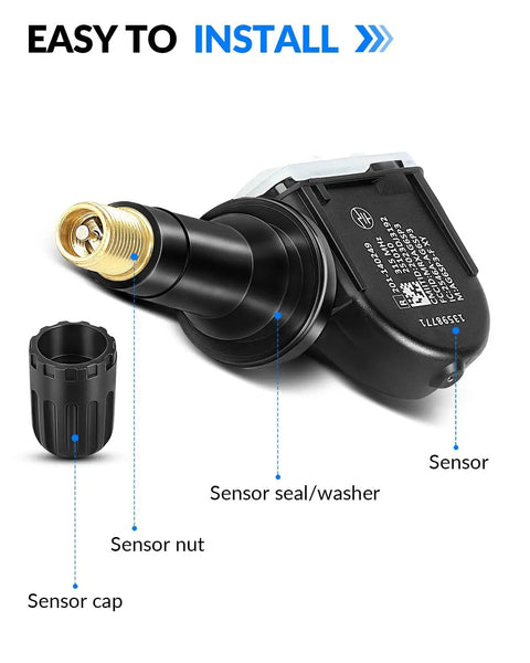 Set Of Four Pre Programmed 315MHz TPMS Tire Pressure Sensors For Chevrolet Equinox Cruze Tahoe Avalanche Impala GMC Yukon Acadia Buick Enclave And More Replaces 13598771 With Easy Plug And Play Install In Minutes. Easy install TPMS sensor with nut, seal, and cap shown