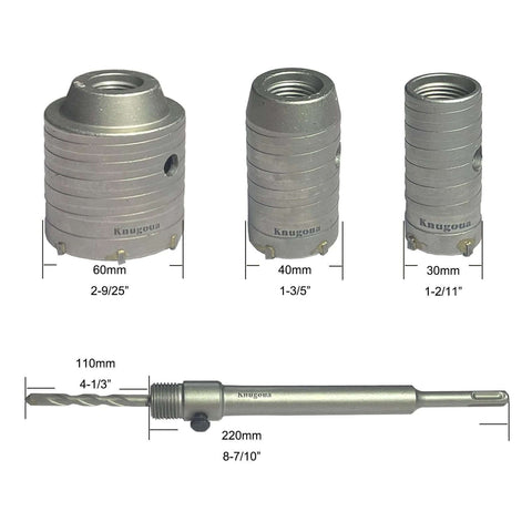 Knugoua concrete hole saw kit with three SDS-plus hole saws (30/40/60mm) and a 220mm connecting rod
