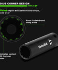 Heavy Duty One Half Inch Drive Deep 12 Point Impact Socket Set, radius corner design detail, eliminates fastener contact