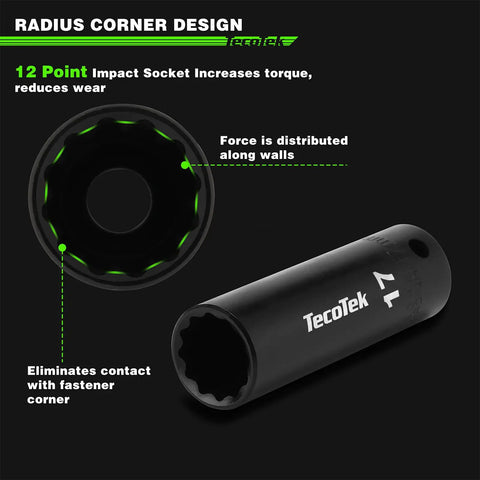 Heavy Duty One Half Inch Drive Deep 12 Point Impact Socket Set, radius corner design detail, eliminates fastener contact