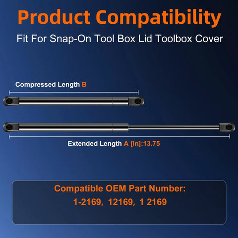 Heavy Duty 13.75 Inch Gas Strut For Toolbox Lid Lift Support showing compressed and extended lengths for replacement use.
