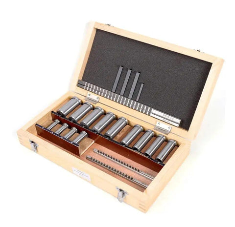 Pro Grade Keyway Broach Set For Lathe 22 Pc HSS Broaching Kit With Collared Bushings And Shims in wooden case