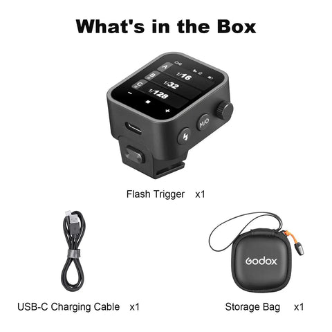X3C TTL Wireless Flash Trigger For Canon With OLED, USB-C cable, and storage bag in the box contents overview.