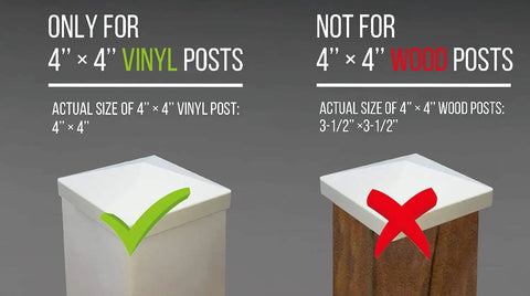 Image showing a white pyramid post cap on a vinyl post with a green check and a red X over a wood post. Six Pack 4x4 Pyramid White PVC Vinyl Post Caps For Vinyl Posts Only Not For Wood Posts Durable Weather Resistant Construction, DIY Friendly Installation For Fences Decks Lamps And Mailbox Posts