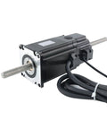 Front-view NEMA23 screw motor with through-shaft and lead screw, black housing, silver flange, bundled power cable