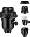 UL Listed E26 Light Socket With On Off Switch, Heavy Duty Threaded Lamp Socket Replacement shown disassembled, black, 1 pack.