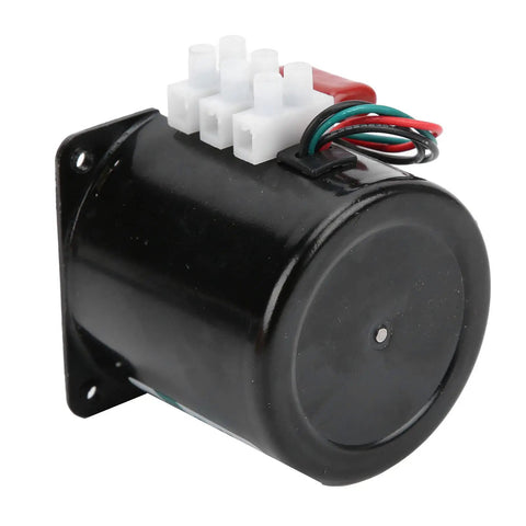 Super Silent 14 Watt Synchronous Generator Motor With Full Metal Gears For Home Appliances And Industrial Gearboxes Running Smooth At Low RPMs Like 5 Or 15 RPM On Ac Voltage side view of motor with connectors and wires