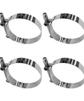 Four stainless steel T-bolt hose clamps, 83–91 mm range, for 3-inch automotive intercooler hoses.