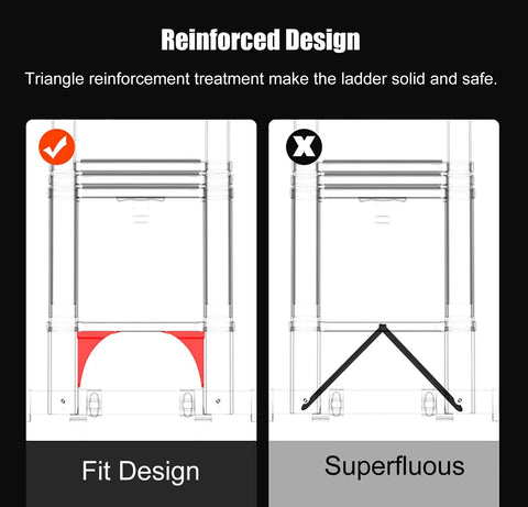 Reinforced design comparison of Built Tough Aluminum Telescoping Extension Ladder With Quick Glide Wheels and wide anti slip pedals.