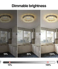 Crystal Chandelier LED Ceiling Light 16 Inch Flush Mount dimmable in kitchen, showing brightness levels at 10%, 50%, 100%.